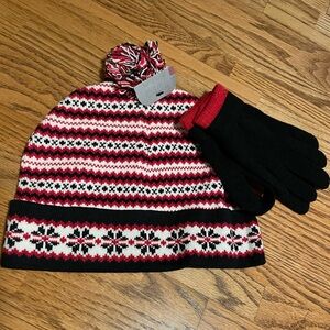 Winter Hat and Gloves Set - Black and Red